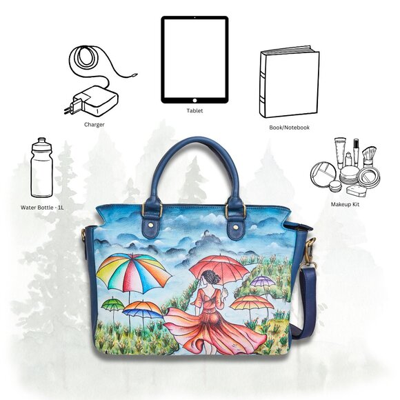 Leather Hand-Painted Women Blue Top Handle Tote Bag, Satchel Handbag, Crossbody - Picture 3 of 9